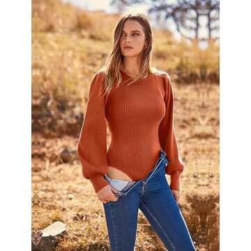 MASCOMODA Long Puff Sleeve Sweaters for Women 2024 Fall Winter Crewneck Knit Ribbed Bodysuit Pullover Tops (Rust Red, Medium)