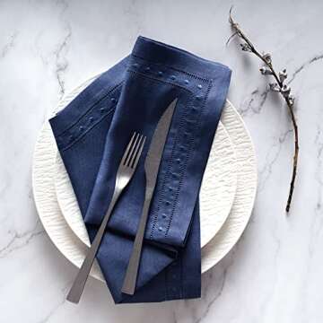 Linen Napkins Set of 4-100% Pure Linen Navy Blue Dinner Napkins with Embroidered Dot 18 x 18 inch - ...