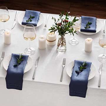 Linen Napkins Set of 4-100% Pure Linen Navy Blue Dinner Napkins with Embroidered Dot 18 x 18 inch - Hemstitch Cloth Napkins Washable for Winter, Spring, Summer and Fall