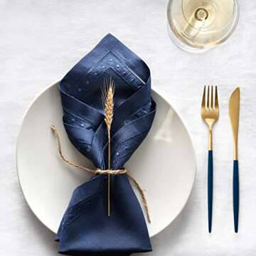 Linen Napkins Set of 4-100% Pure Linen Navy Blue Dinner Napkins with Embroidered Dot 18 x 18 inch - Hemstitch Cloth Napkins Washable for Winter, Spring, Summer and Fall