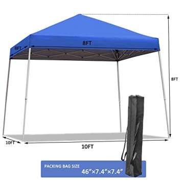 Sunoutife Pop Up Canopy Tent, 10X10 FT Outdoor Instant Slant Legs Gazebo Shelter with Carrying Bag Portable for Patio Deck Garden and Beach - 8X8 Canopy Top (Blue)
