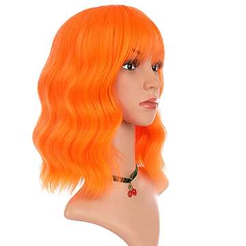 eNilecor Orange Wig, Curly Wavy Colorful Wig with Air Bangs for Women, Natural Synthetic Short Bob W...