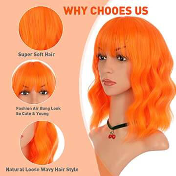 eNilecor Orange Wig, Curly Wavy Colorful Wig with Air Bangs for Women, Natural Synthetic Short Bob Wig for Party Cosplay Fun(Orange)