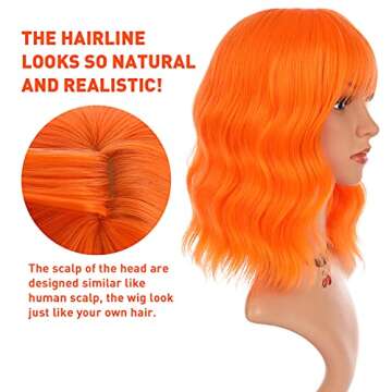 eNilecor Orange Wig, Curly Wavy Colorful Wig with Air Bangs for Women, Natural Synthetic Short Bob Wig for Party Cosplay Fun(Orange)