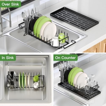 Dish Drying Rack Over the Sink Expandable In Small Black Drainer Dry for Kitchen Counter, Metal Stai...