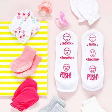 Haute Soiree Labor and Delivery Socks - Funny Push Gift for New Mom to Be (Relax, Breathe, Push)