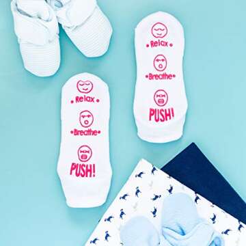 Haute Soiree Labor and Delivery Socks - Funny Push Gift for New Mom to Be (Relax, Breathe, Push)