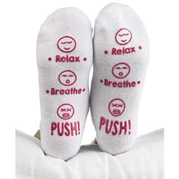 Haute Soiree Labor and Delivery Socks - Funny Push Gift for New Mom to Be (Relax, Breathe, Push)
