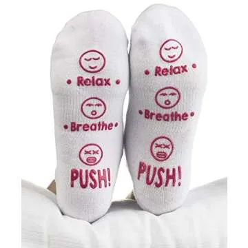 Haute Soiree Labor and Delivery Socks - Funny Push Gift for New Mom to Be (Relax, Breathe, Push)