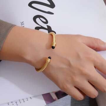 GREENIO Twisted Cable Bracelets for Women Stainless Steel 5mm Cable Wire Cuff Bangle Bracelet Designer Brand Inspired Jewelry for Christmas Day Gifts (A - Onyx - Gold)