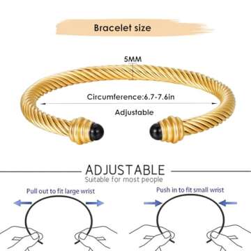 GREENIO Twisted Cable Bracelets for Women Stainless Steel 5mm Cable Wire Cuff Bangle Bracelet Designer Brand Inspired Jewelry for Christmas Day Gifts (A - Onyx - Gold)