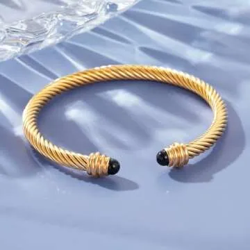 GREENIO Twisted Cable Bracelets for Women Stainless Steel 5mm Cable Wire Cuff Bangle Bracelet Designer Brand Inspired Jewelry for Christmas Day Gifts (A - Onyx - Gold)