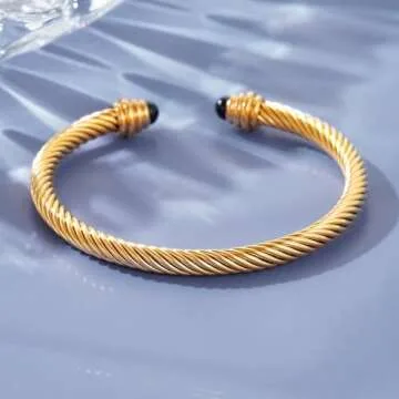 GREENIO Twisted Cable Bracelets for Women Stainless Steel 5mm Cable Wire Cuff Bangle Bracelet Designer Brand Inspired Jewelry for Christmas Day Gifts (A - Onyx - Gold)