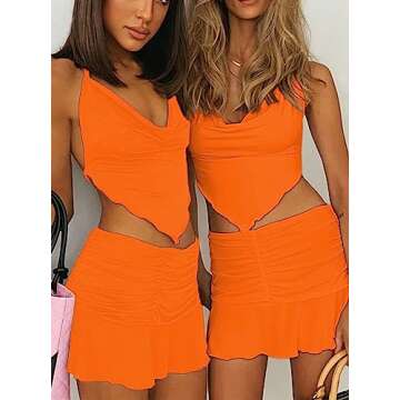 Remidoo Women's 2 Piece Outfit Halter Cami Crop Top and Ruched Ruffle Mini Skirt Set Orange Small