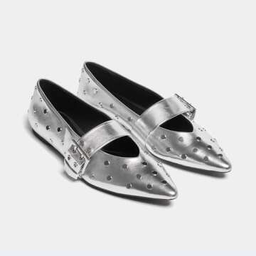 Yishaweiqi Silver Studs Buckle Strap Ballet Flats Shoes for Women Pointed Toe Ballerina Shoes Mary Jane Flats Comfortable Casual Drive Shoes