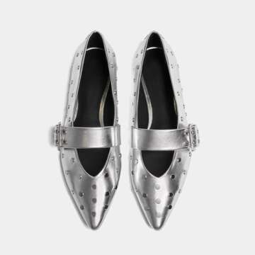 Yishaweiqi Silver Studs Buckle Strap Ballet Flats Shoes for Women Pointed Toe Ballerina Shoes Mary Jane Flats Comfortable Casual Drive Shoes