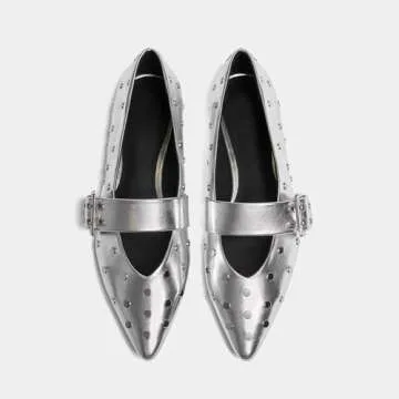 Yishaweiqi Silver Studs Buckle Strap Ballet Flats Shoes for Women Pointed Toe Ballerina Shoes Mary Jane Flats Comfortable Casual Drive Shoes