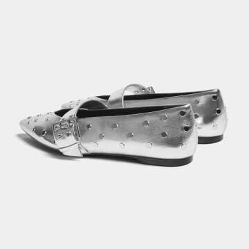 Yishaweiqi Silver Studs Buckle Strap Ballet Flats Shoes for Women Pointed Toe Ballerina Shoes Mary Jane Flats Comfortable Casual Drive Shoes