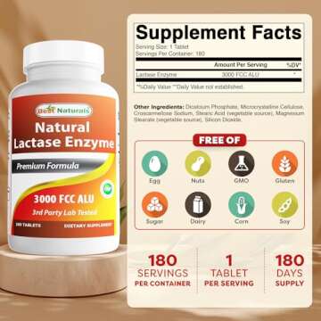 Best Naturals Fast Acting Lactase Enzyme Tablet, 3000 Fcc Alu, 180 Count (859375002900)