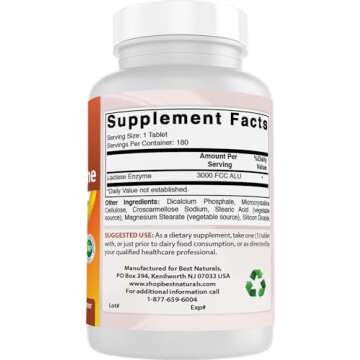Best Naturals Fast Acting Lactase Enzyme Tablet, 3000 Fcc Alu, 180 Count (859375002900)