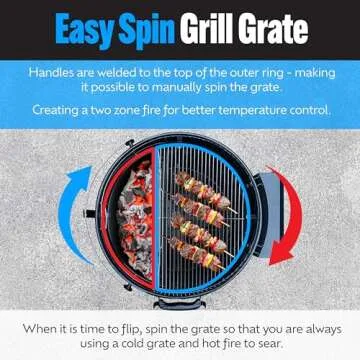 SnS Grills Slow ‘N Sear EasySpin Charcoal Grill Cooking Grate - Compatible with Weber and Other Grills, 2-Zone Stainless Steel Hinged Replacement - Tailgating & Backyard Cooking - 22” Inches