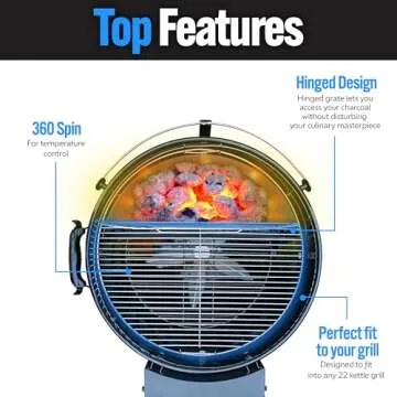 SnS Grills Slow ‘N Sear EasySpin Charcoal Grill Cooking Grate - Compatible with Weber and Other Grills, 2-Zone Stainless Steel Hinged Replacement - Tailgating & Backyard Cooking - 22” Inches