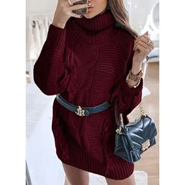 BTFBM Women Fashion Sweater Short Dress Long Sleeve Turtleneck Oversized Fall Winter Soft Chunky Knit Pullover Sweaters(Tassel Wine Red, Small)