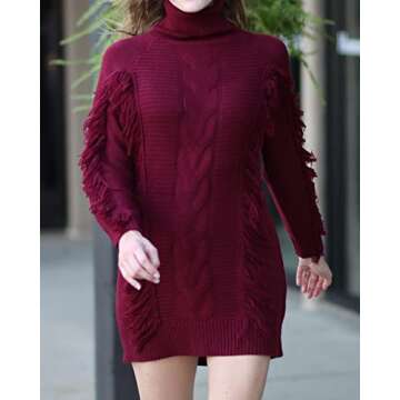 BTFBM Women Fashion Sweater Short Dress Long Sleeve Turtleneck Oversized Fall Winter Soft Chunky Knit Pullover Sweaters(Tassel Wine Red, Small)