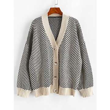 Women's Stripes Drop Shoulder Cable Knit Sweater Oversized Cardigan Button Up Loose Outerwear Khaki