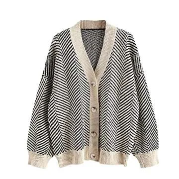 Women's Stripes Drop Shoulder Cable Knit Sweater Oversized Cardigan Button Up Loose Outerwear Khaki