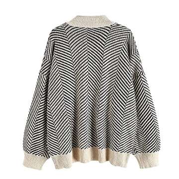 Women's Stripes Drop Shoulder Cable Knit Sweater Oversized Cardigan Button Up Loose Outerwear Khaki