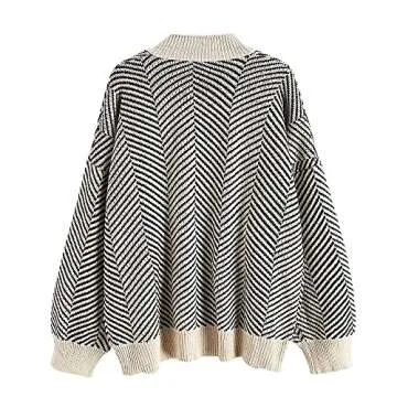 Women's Stripes Drop Shoulder Cable Knit Sweater Oversized Cardigan Button Up Loose Outerwear Khaki
