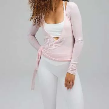 Women's Tie Wrap Top Sexy Deep V Neck Tie Front Long Sleeve Tops Casual Slim Fit Yoga Shirts Workout T Shirts (Pink, ONE Size)