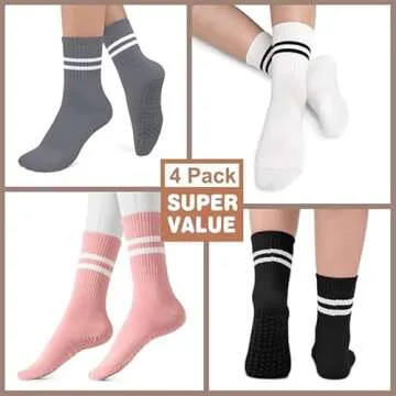 Pilates Socks with Grips for Women, Non-Slip Yoga Athletic Socks for Barre Ballet Barefoot Workout Hospital, 4 Pairs,S-M