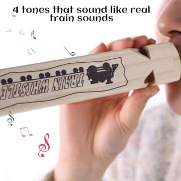 POPLAY 2PCS Wooden Train Whistles, Toy Wood Whistles 4 Tone 7.3" Train Whistle for Kids Birthday Party Favors Carnival Prize