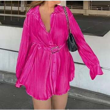 NUFIWI Women Pleated Shirt Dress Long Sleeve Solid Color Ruched Dresses High Waist V Neck Button Min...