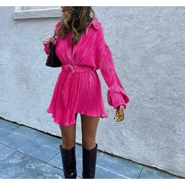 NUFIWI Women Pleated Shirt Dress Long Sleeve Solid Color Ruched Dresses High Waist V Neck Button Mini Dress Elegant Wear