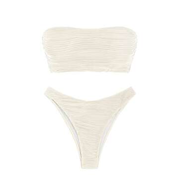 ZAFUL Women Strapless Textured Bandeau Bikini 2 Piece Swimwear Cheeky Solid Lace up Bathing Suits(1-Beige,M)