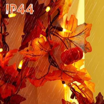 Fall Decor 11Ft Fall Garland with Lights - 50 Bulbs Plug in Fall lights, Thanksgiving Decorations Indoor Outdoor Connectable Fall String Lights Leaves with Pumpkin, Thanksgiving Halloween Decorations