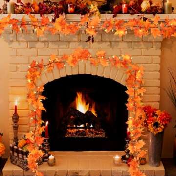 Fall Decor 11Ft Fall Garland with Lights - 50 Bulbs Plug in Fall lights, Thanksgiving Decorations Indoor Outdoor Connectable Fall String Lights Leaves with Pumpkin, Thanksgiving Halloween Decorations