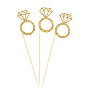 Gold Glitter Diamond Ring Cupcake Toppers 50 Pack
