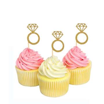 Gold Glitter Diamond Ring Cupcake Toppers 50 Pack