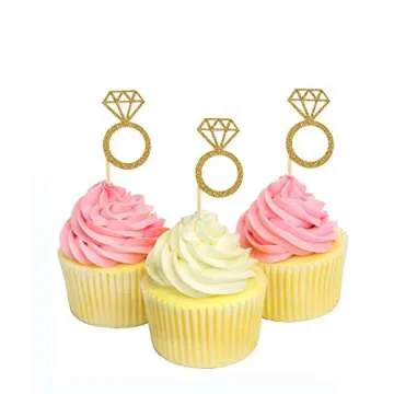 Gold Glitter Diamond Ring Cupcake Toppers 50 Pack