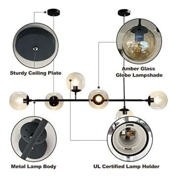 KCO Lighting 6-Light Modern Globe Sputnik Chandelier Mid Century Black Pendant Light Chandelier Dining Room Linear Pendant Lighting Kitchen Island Adjustable Pendant Light Fixtures (Black+Amber)