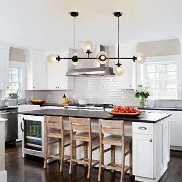 KCO Lighting 6-Light Modern Globe Sputnik Chandelier Mid Century Black Pendant Light Chandelier Dining Room Linear Pendant Lighting Kitchen Island Adjustable Pendant Light Fixtures (Black+Amber)