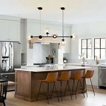 KCO Lighting 6-Light Modern Globe Sputnik Chandelier Mid Century Black Pendant Light Chandelier Dining Room Linear Pendant Lighting Kitchen Island Adjustable Pendant Light Fixtures (Black+Amber)