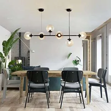 KCO Lighting 6-Light Modern Globe Sputnik Chandelier Mid Century Black Pendant Light Chandelier Dining Room Linear Pendant Lighting Kitchen Island Adjustable Pendant Light Fixtures (Black+Amber)