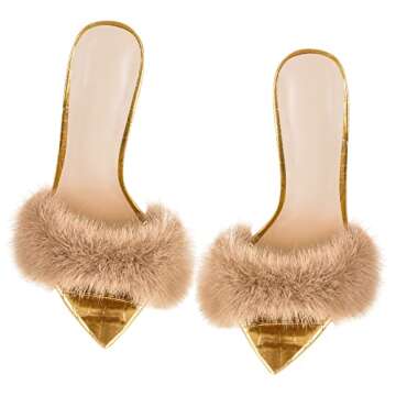 Richealnana Women's Pointed Toe High Heels Slip On Mules Open Toe Fashion Fur Sexy Slipper for Casual Party Heeled Sandals Gold Size 5