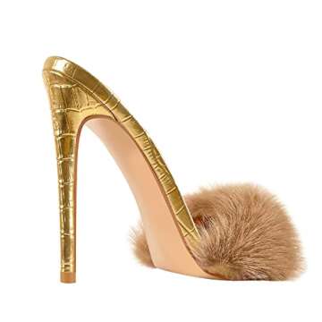 Richealnana Women's Pointed Toe High Heels Slip On Mules Open Toe Fashion Fur Sexy Slipper for Casual Party Heeled Sandals Gold Size 5