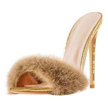 Richealnana Women's Pointed Toe High Heels Slip On Mules Open Toe Fashion Fur Sexy Slipper for Casual Party Heeled Sandals Gold Size 5